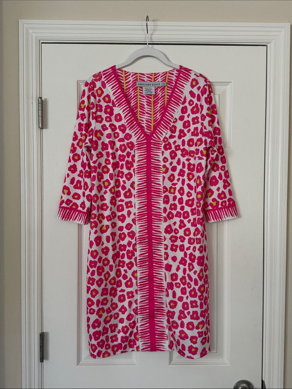 Gretchen Scott Designs Pink White and Yellow Leopard Print V-Neck Dress